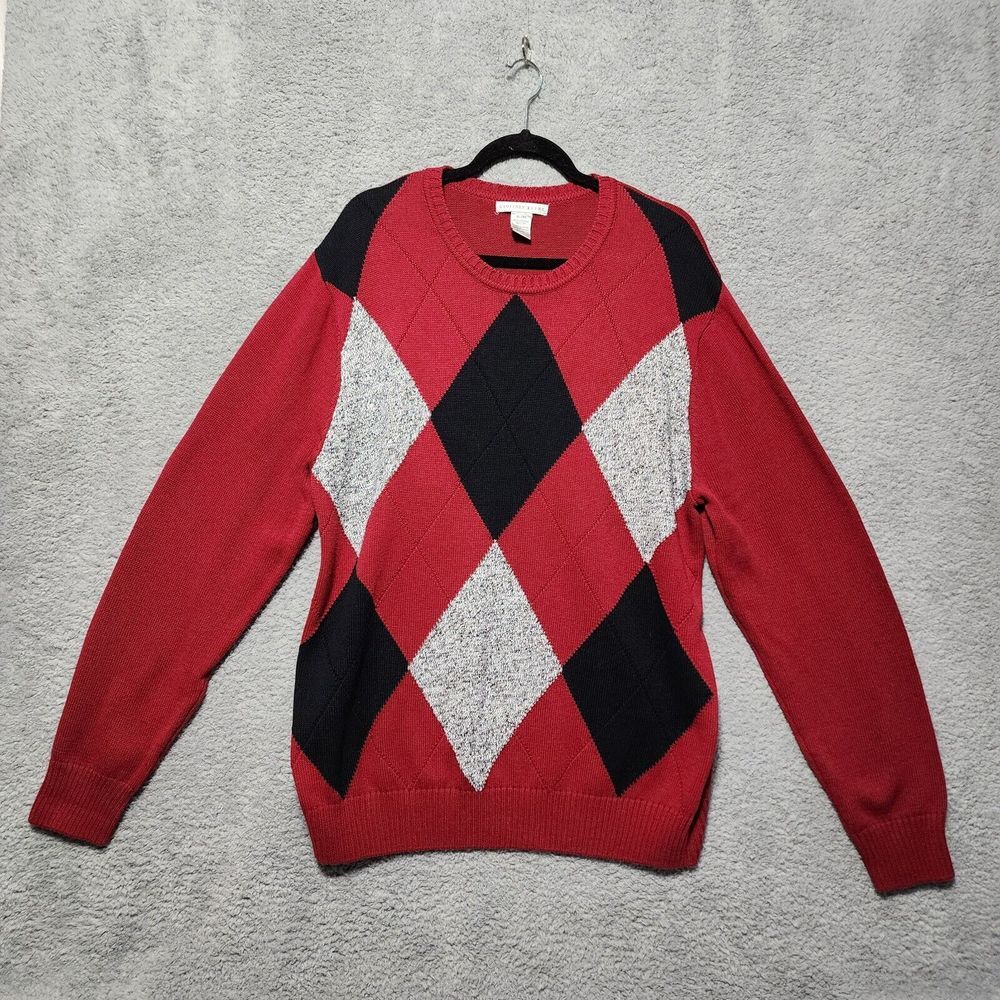Geoffrey Beene Sweater Men's Red Black Knit Crew Neck Pullover Classic Size XL